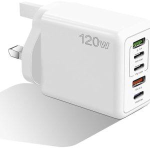 5 Port USB Type C Charger, 120W, Fast Charge, 2 USB, 3 Type-C, UK Plug, for iPhone, Samsung, Google, and Other Phones